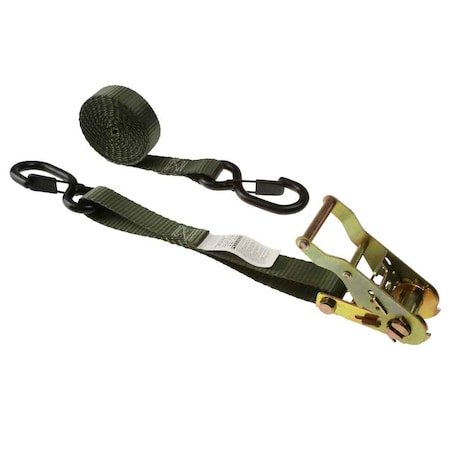 Us Cargo Control 1" x 8' Olive Ratchet Strap w/ Vinyl Coated S-Hooks and Keepers 2608CVSHK-OD
